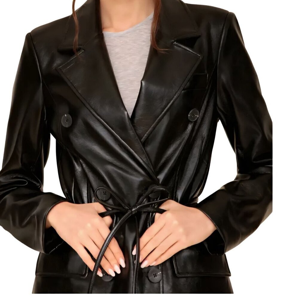 Avec Les Filles Black Faux Leather Double-Breasted Belted Trench Coat Size L - Picture 6 of 12
